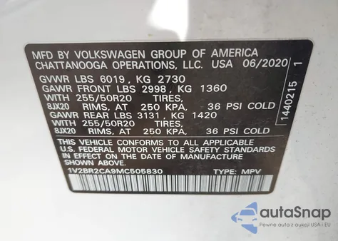 2021 Volkswagen Atlas 3.6L V6 Sel из США, поврежденный, VIN 1V2BR2CA9MC505830